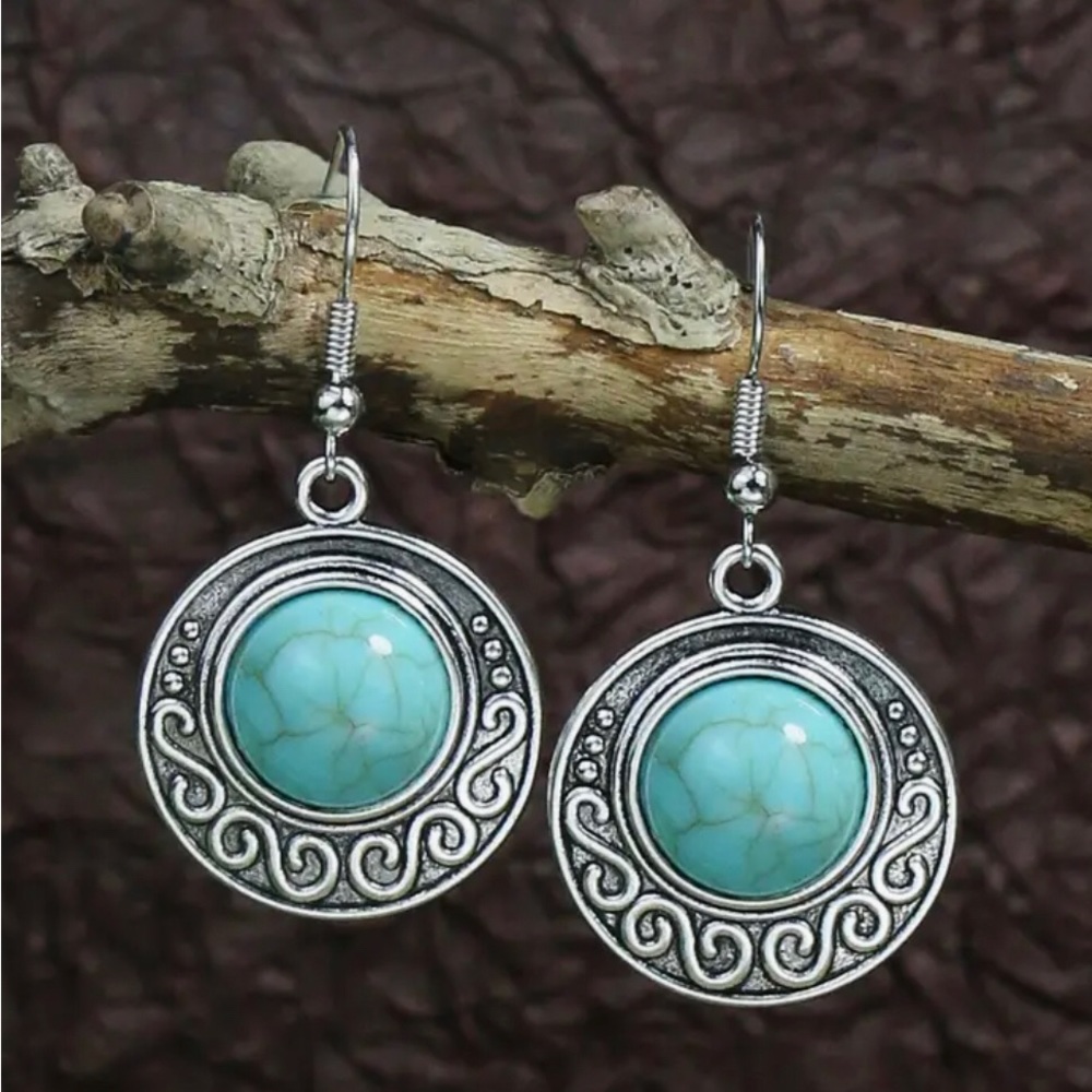 Vintage Style Boho Drop Dangle Turquoise Earrings Ancient Silvery